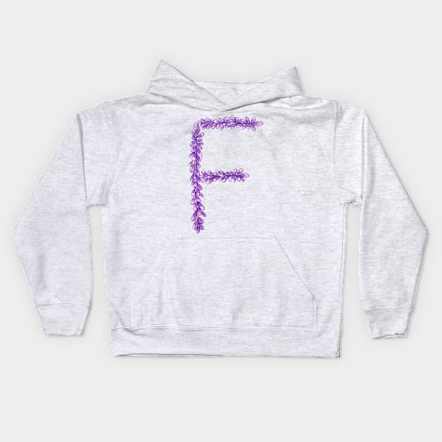 Lavender Letter F Hand Drawn in Watercolor and Ink Kids Hoodie by EndlessDoodles